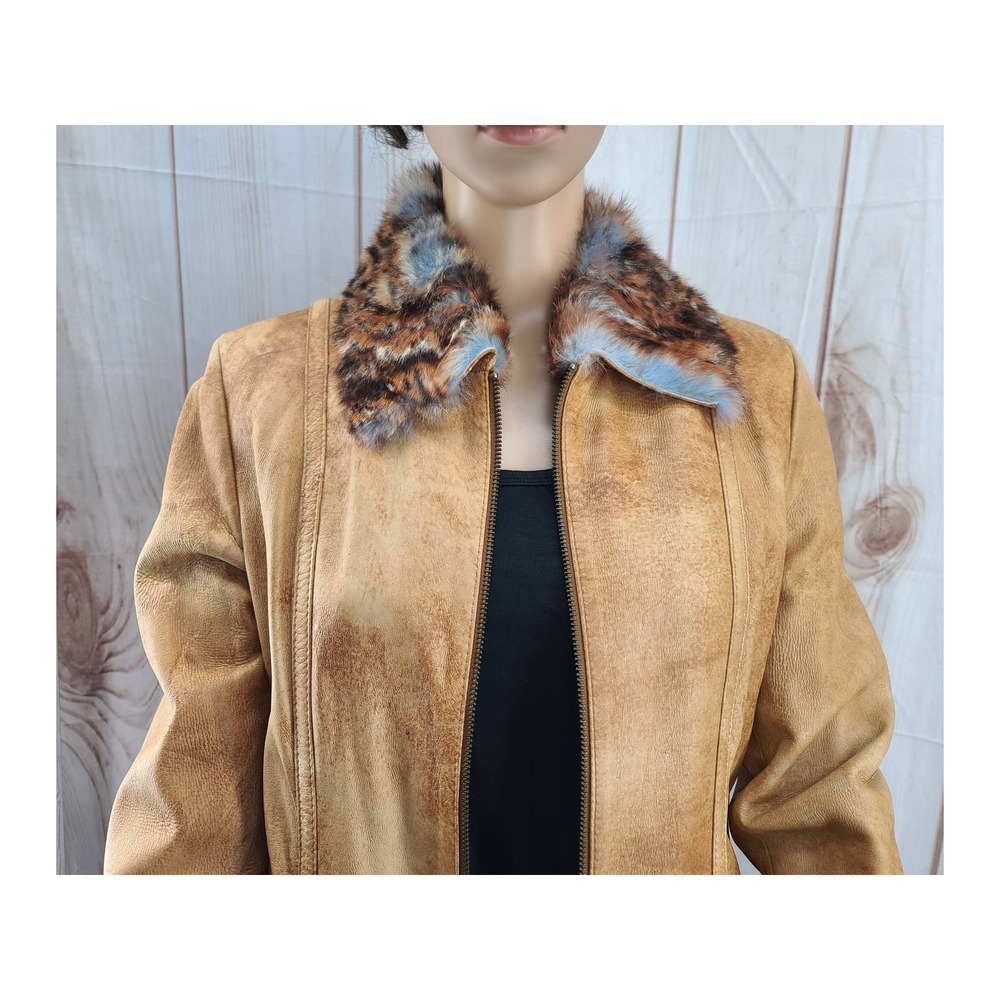 CLEAR ANGLE Women's M Jacket Soft Tan Genuine Leather Fur Trim Zip Front Luxury - Picture 2 of 10